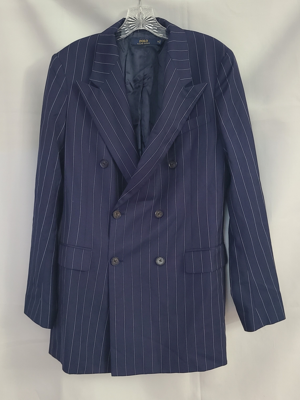 Polo Ralph Lauren Womens 10 Navy White Pin Stripe Double Breasted Office Blazer